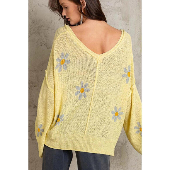 POL Yellow Knit Daisy Flower Print Oversized Relaxed Fit Sweater Top- Size Small - Picture 5 of 9